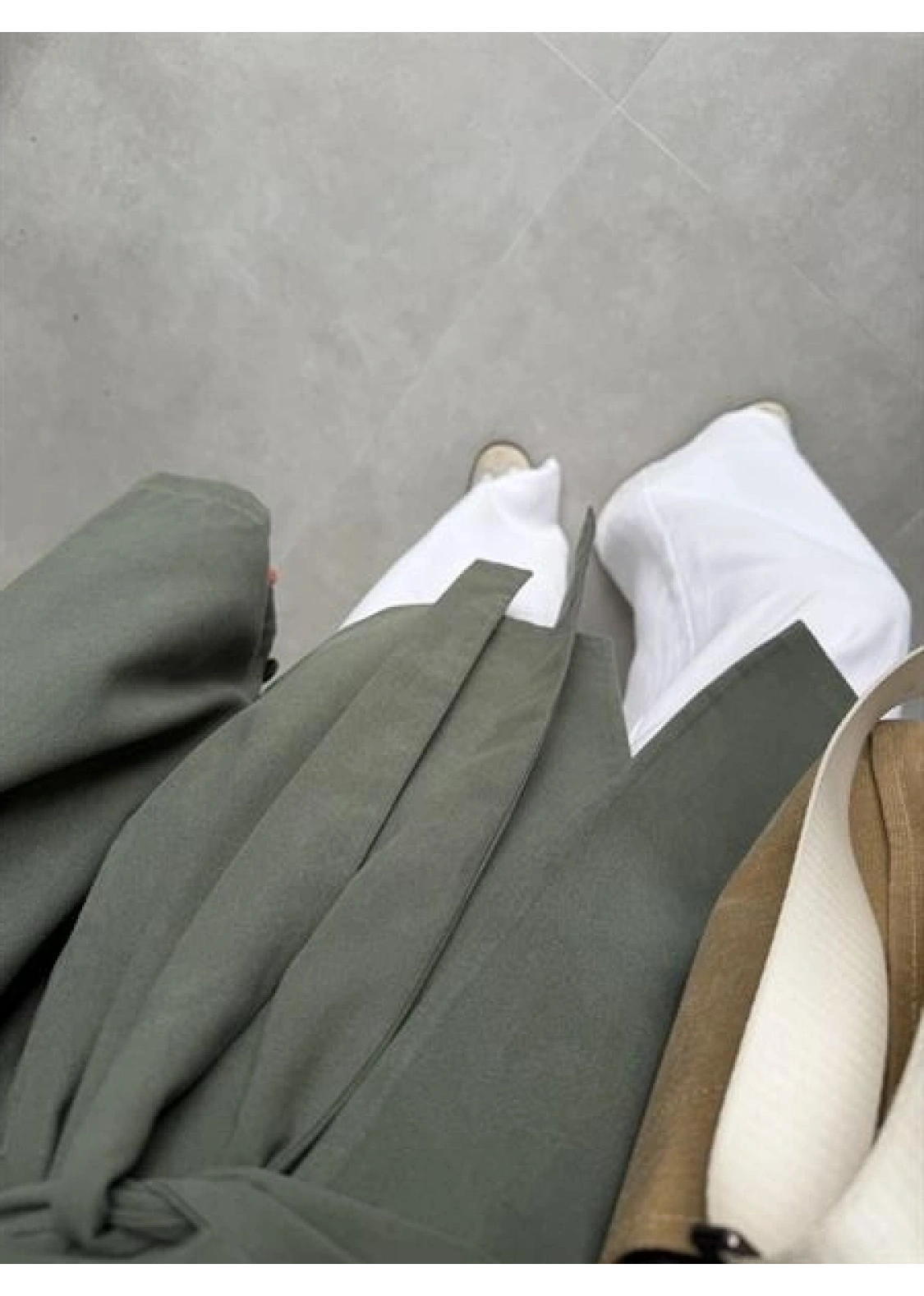 Tek Düğme Kuşaklı Haki Tensel Ceket