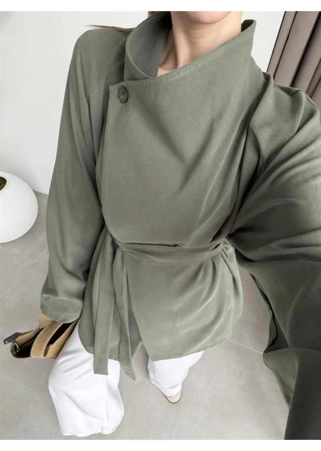 Tek Düğme Kuşaklı Haki Tensel Ceket