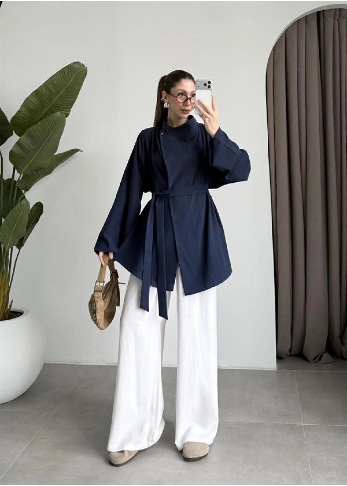 Tek Düğme Kuşaklı Lacivert Tensel Ceket