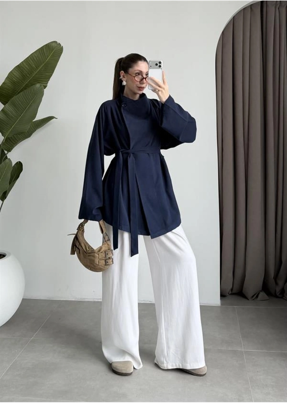 Tek Düğme Kuşaklı Lacivert Tensel Ceket