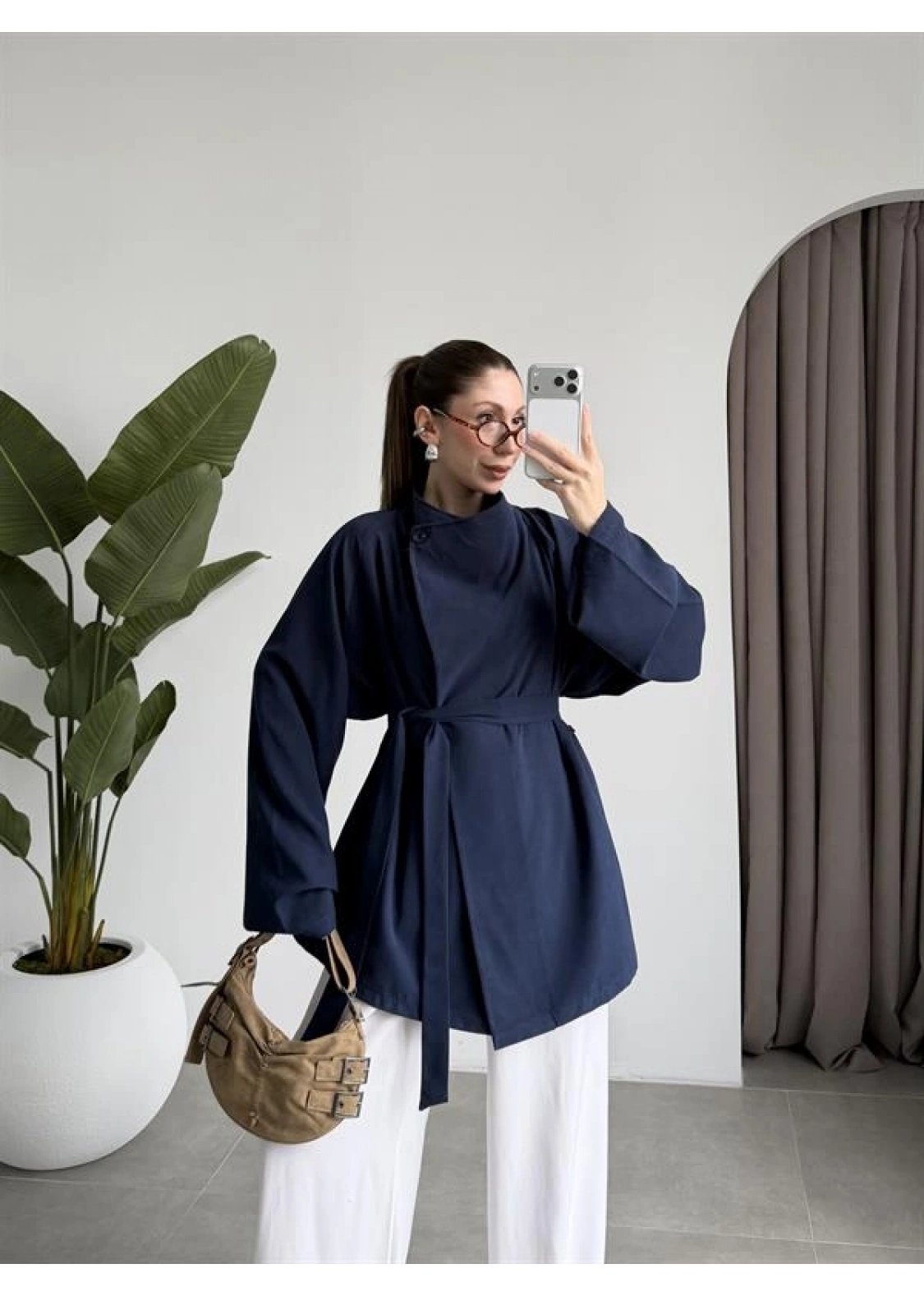 Tek Düğme Kuşaklı Lacivert Tensel Ceket