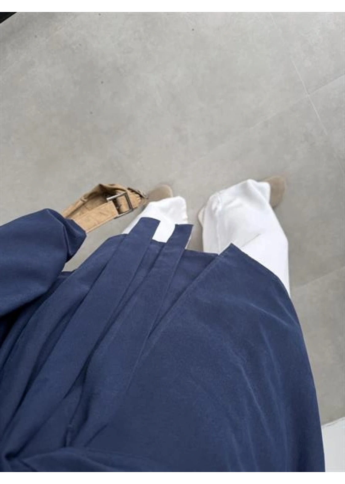 Tek Düğme Kuşaklı Lacivert Tensel Ceket