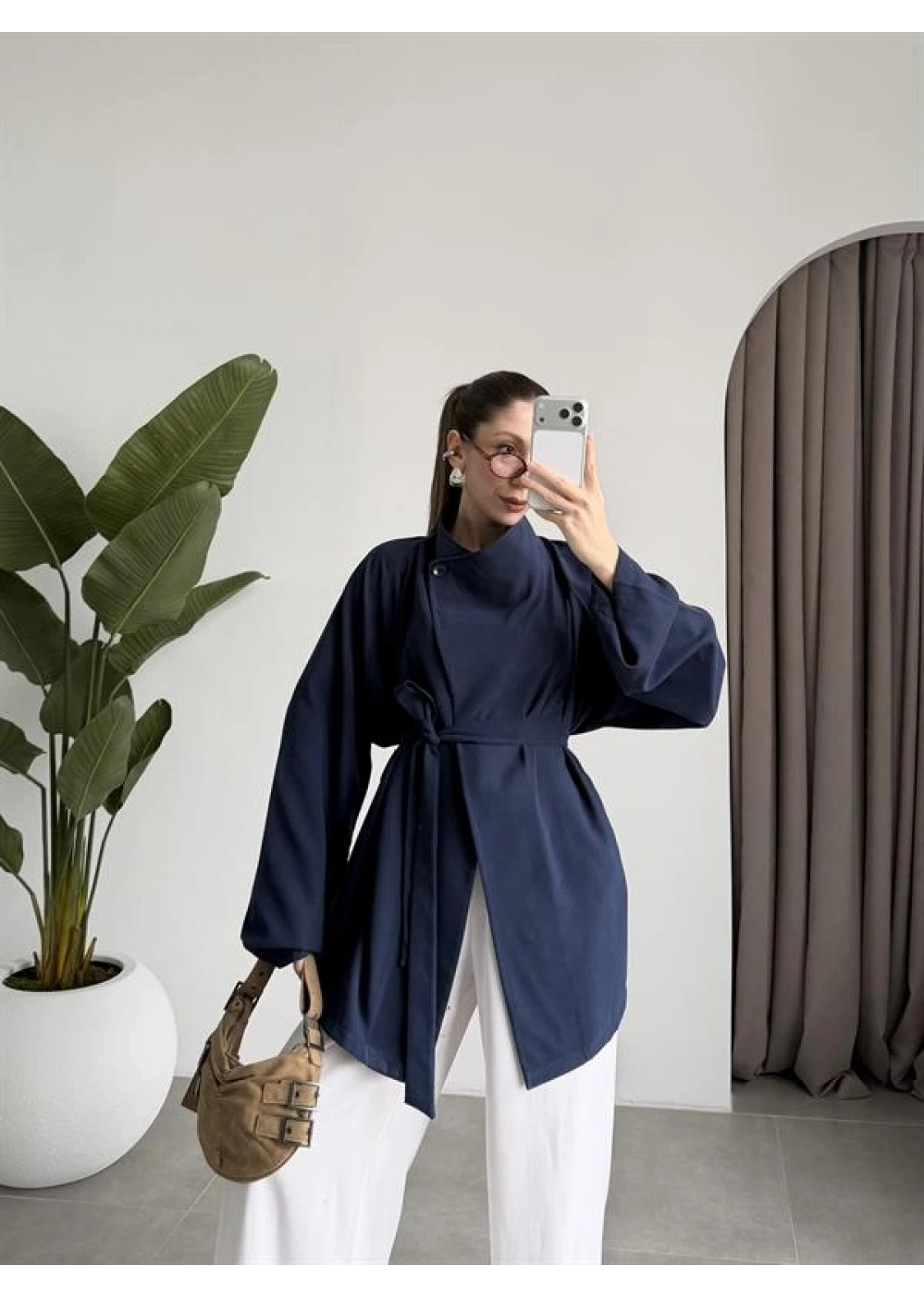 Tek Düğme Kuşaklı Lacivert Tensel Ceket