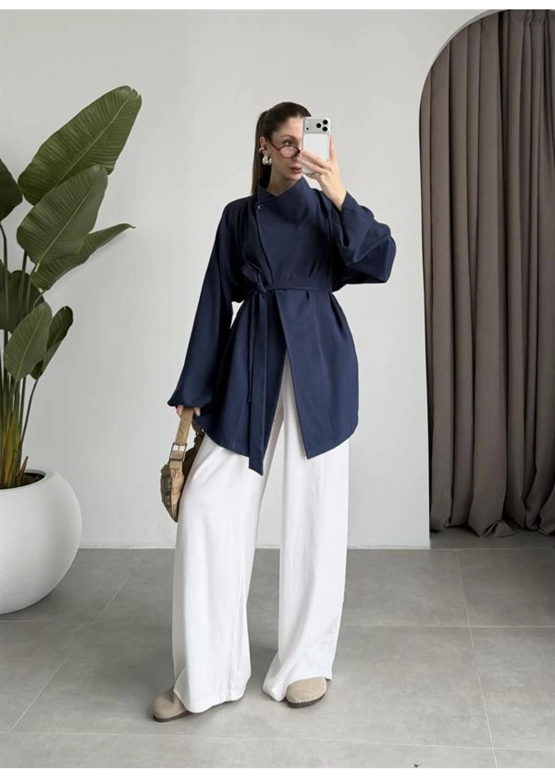 Tek Düğme Kuşaklı Lacivert Tensel Ceket