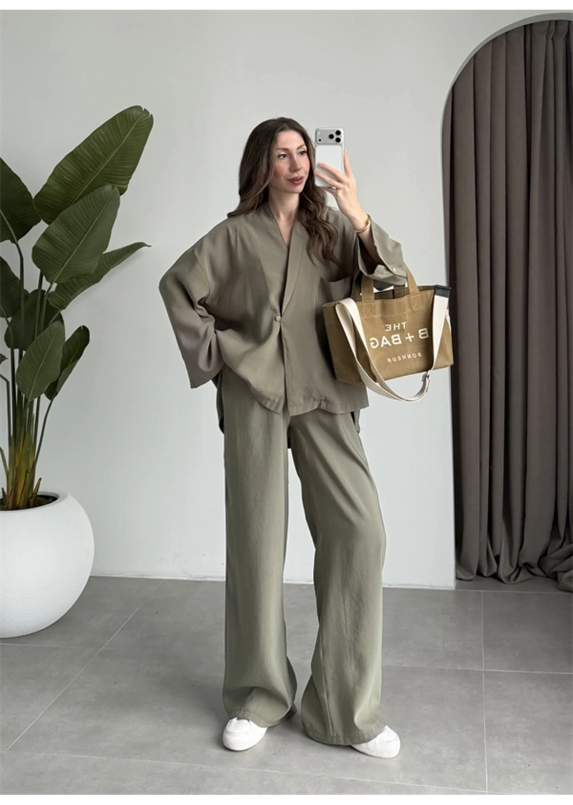 Tek Düğme Oversize Tensel Haki Takım