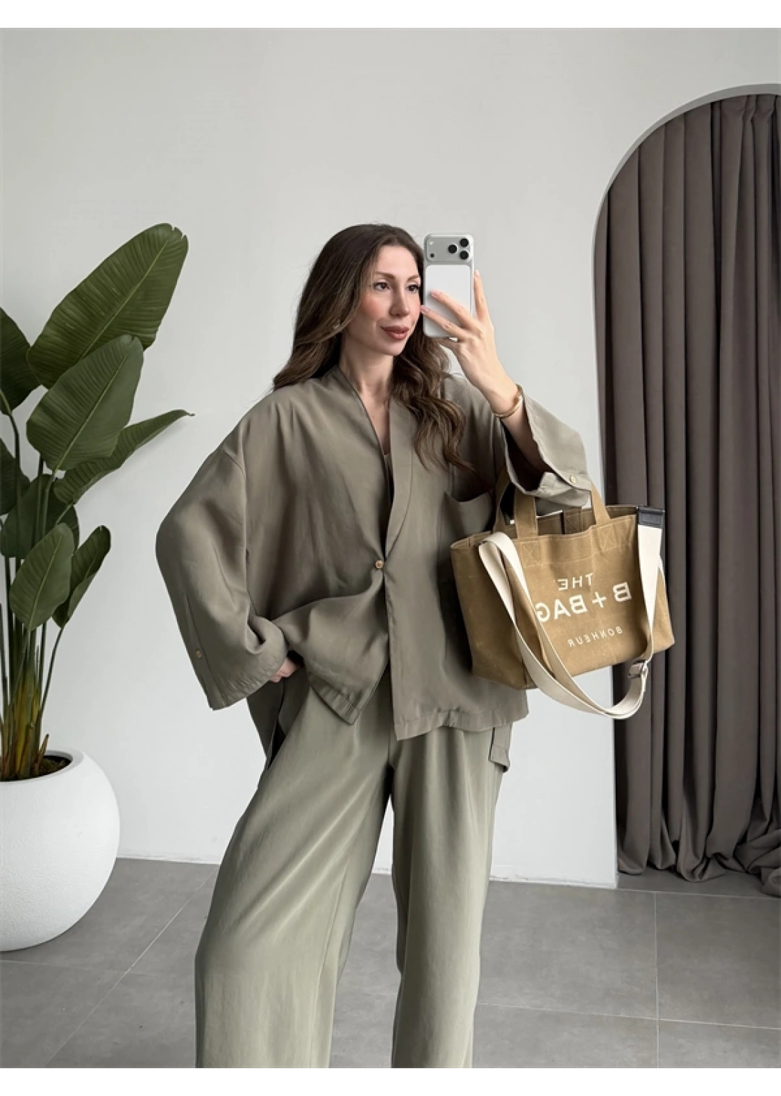 Tek Düğme Oversize Tensel Haki Takım