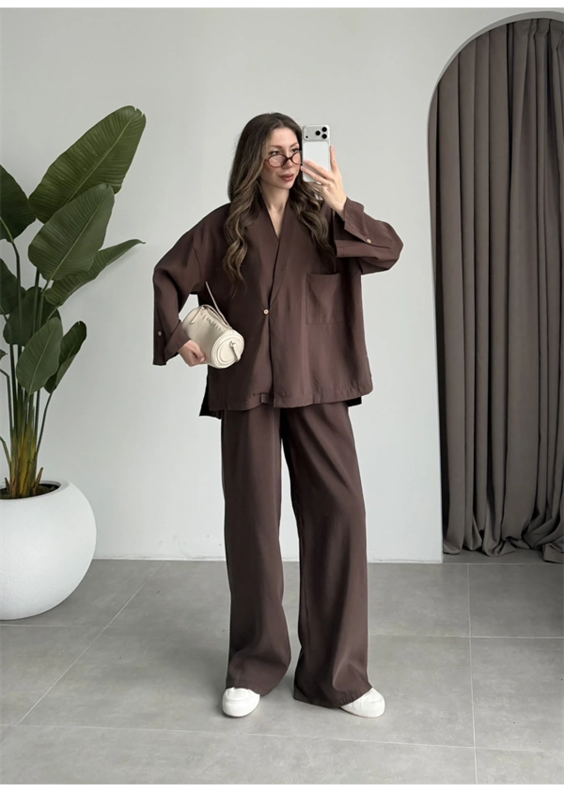 Tek Düğme Oversize Tensel Kahve Takım