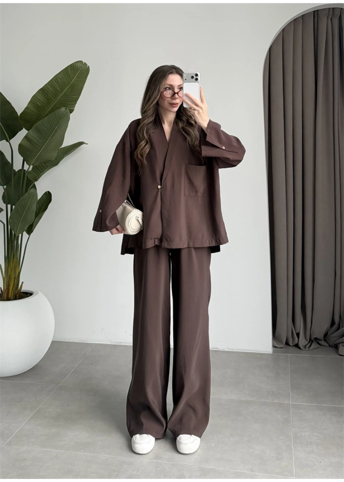 Tek Düğme Oversize Tensel Kahve Takım