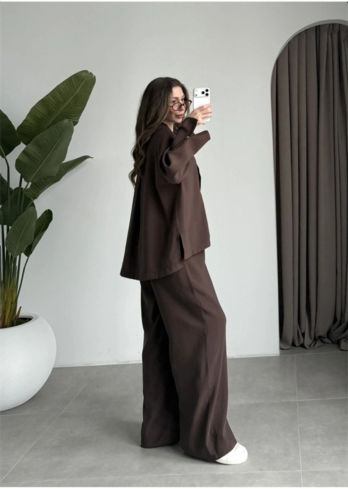 Tek Düğme Oversize Tensel Kahve Takım