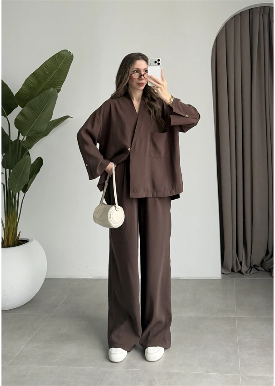Tek Düğme Oversize Tensel Kahve Takım