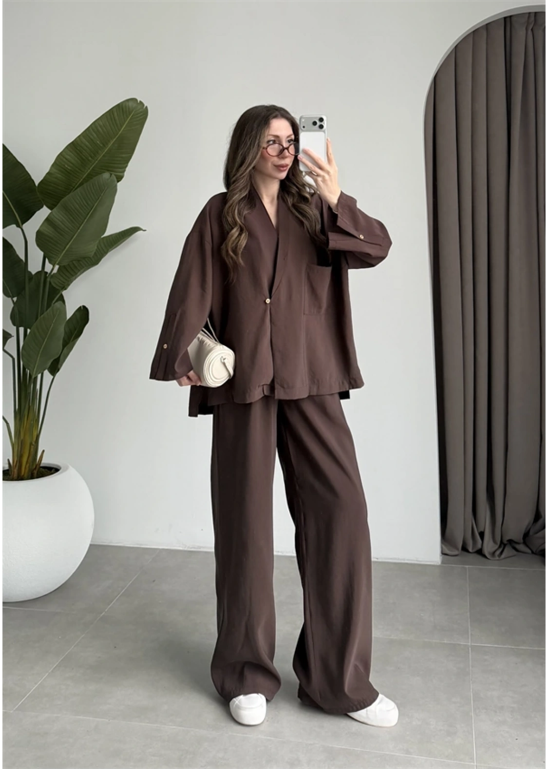 Tek Düğme Oversize Tensel Kahve Takım