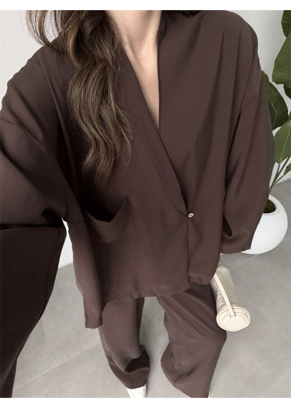 Tek Düğme Oversize Tensel Kahve Takım