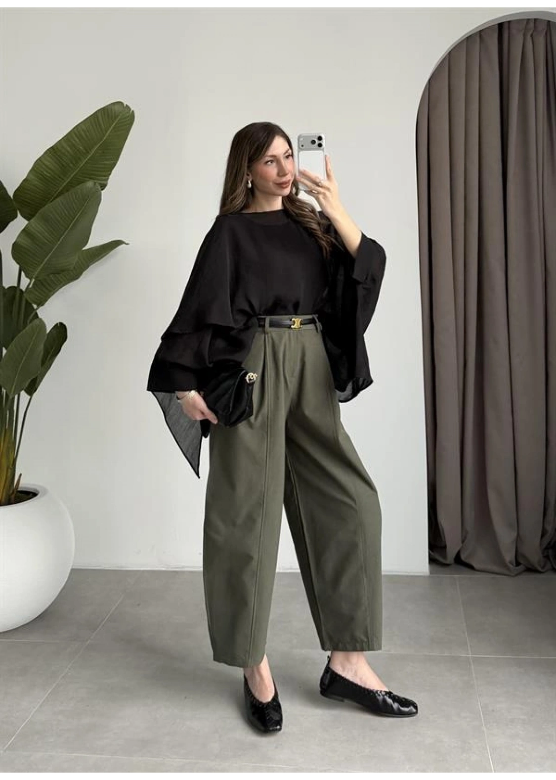 Tek Pileli Haki Şalvar Pantolon