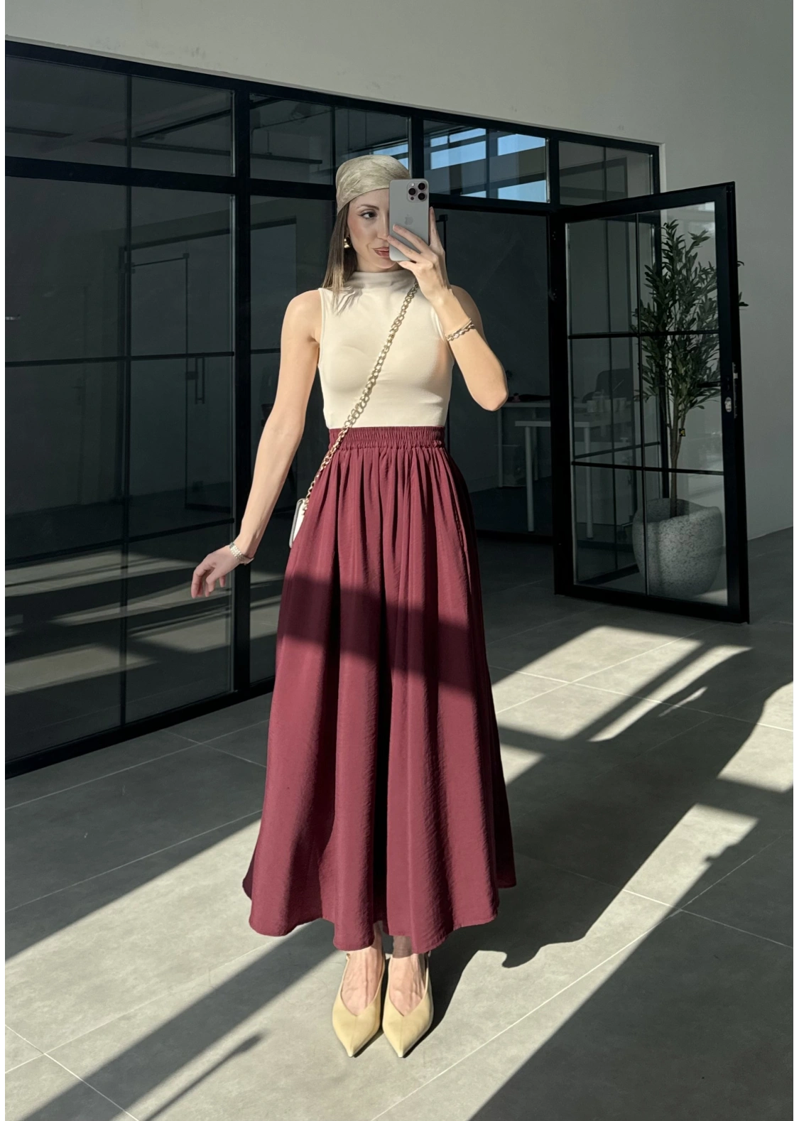 Tensel Beli Lastikli Bordo Kilos Etek