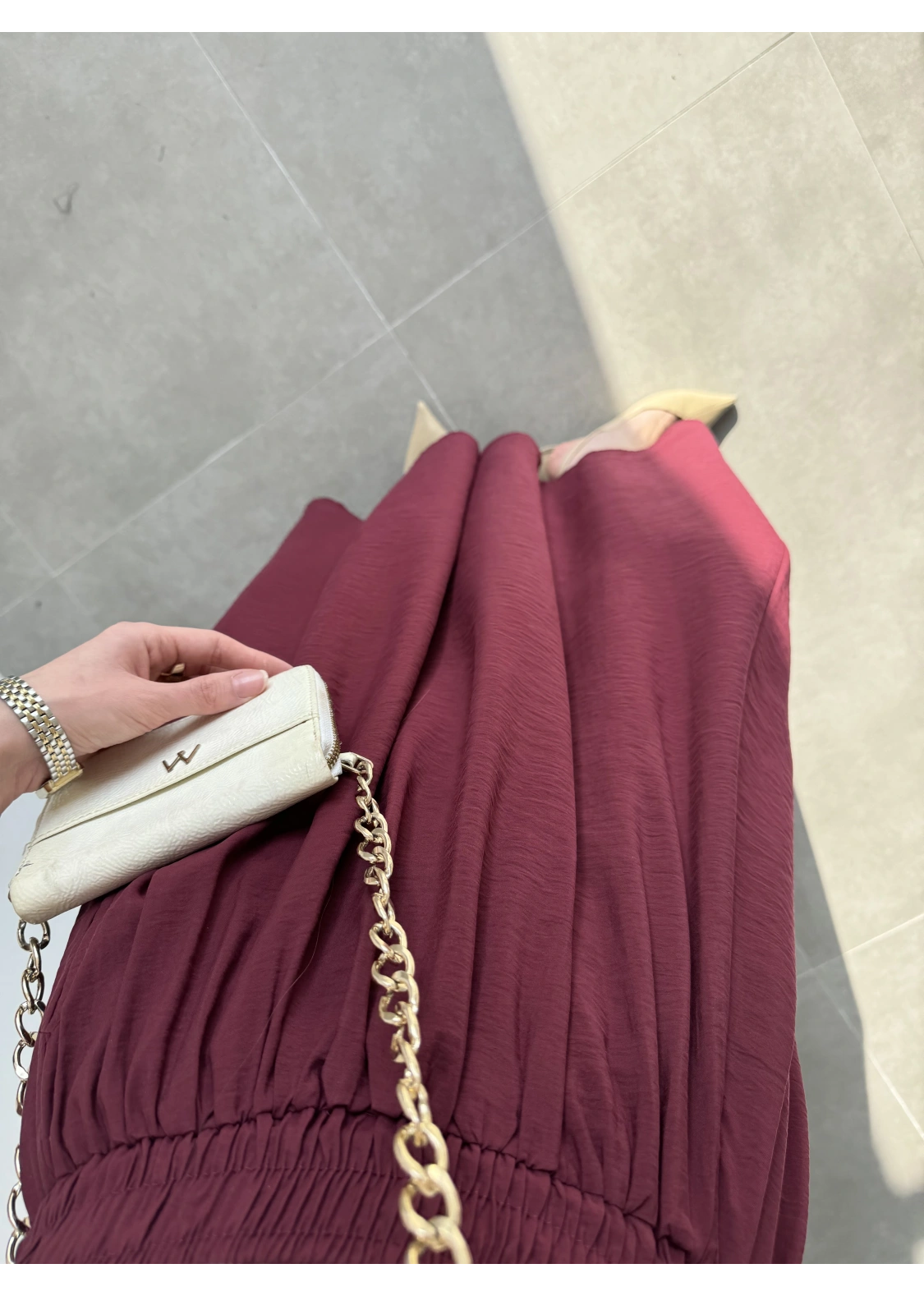 Tensel Beli Lastikli Bordo Kilos Etek