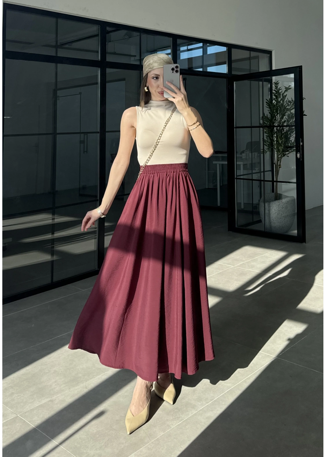 Tensel Beli Lastikli Bordo Kilos Etek