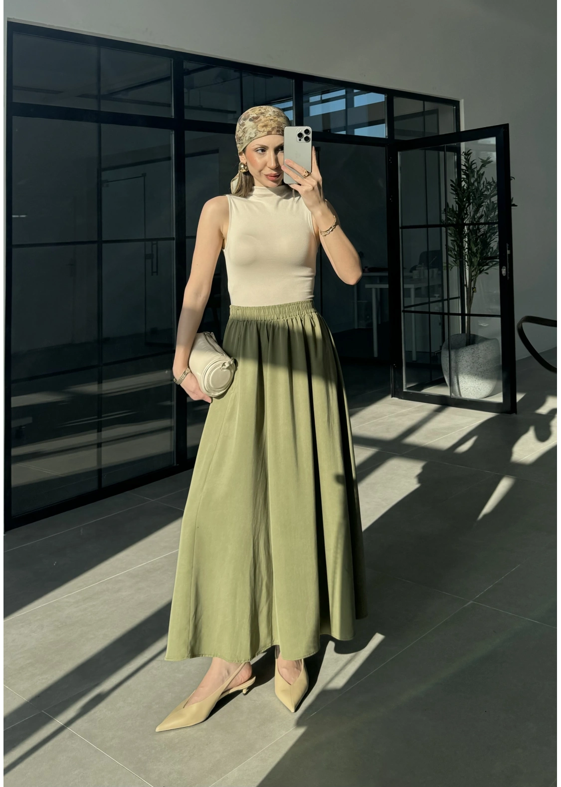 Tensel Beli Lastikli Haki Kilos Etek