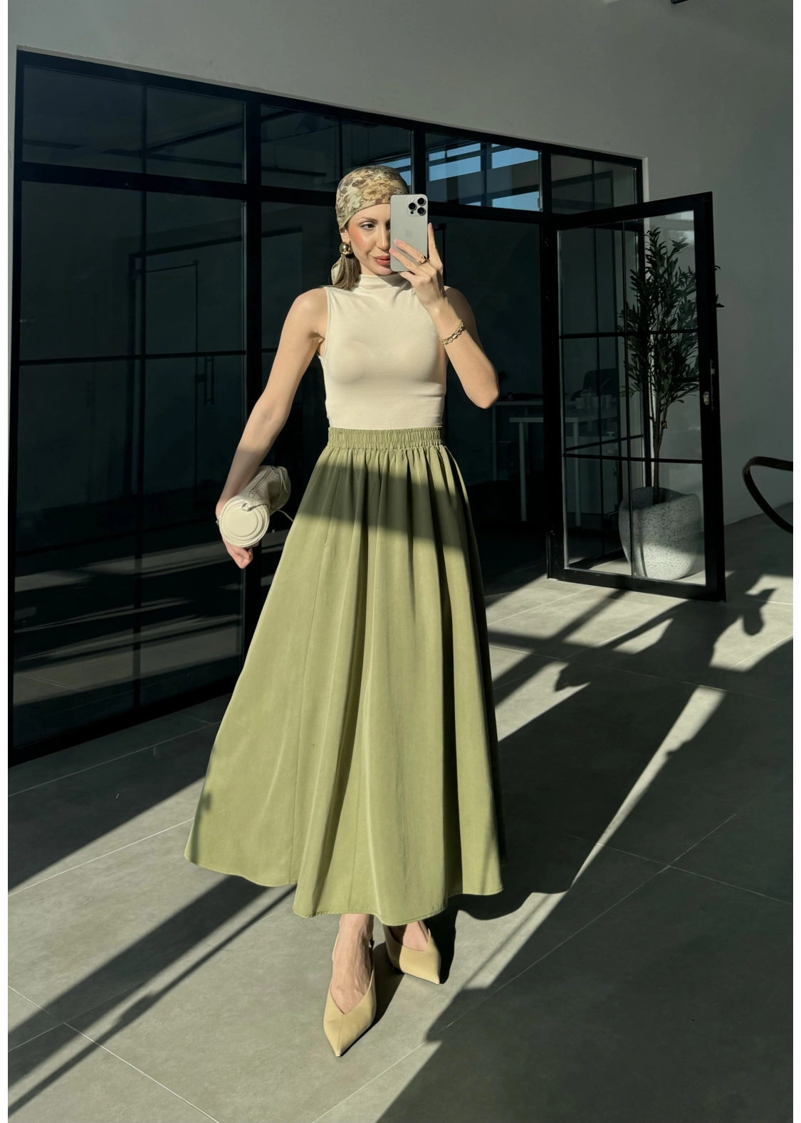 Tensel Beli Lastikli Haki Kilos Etek