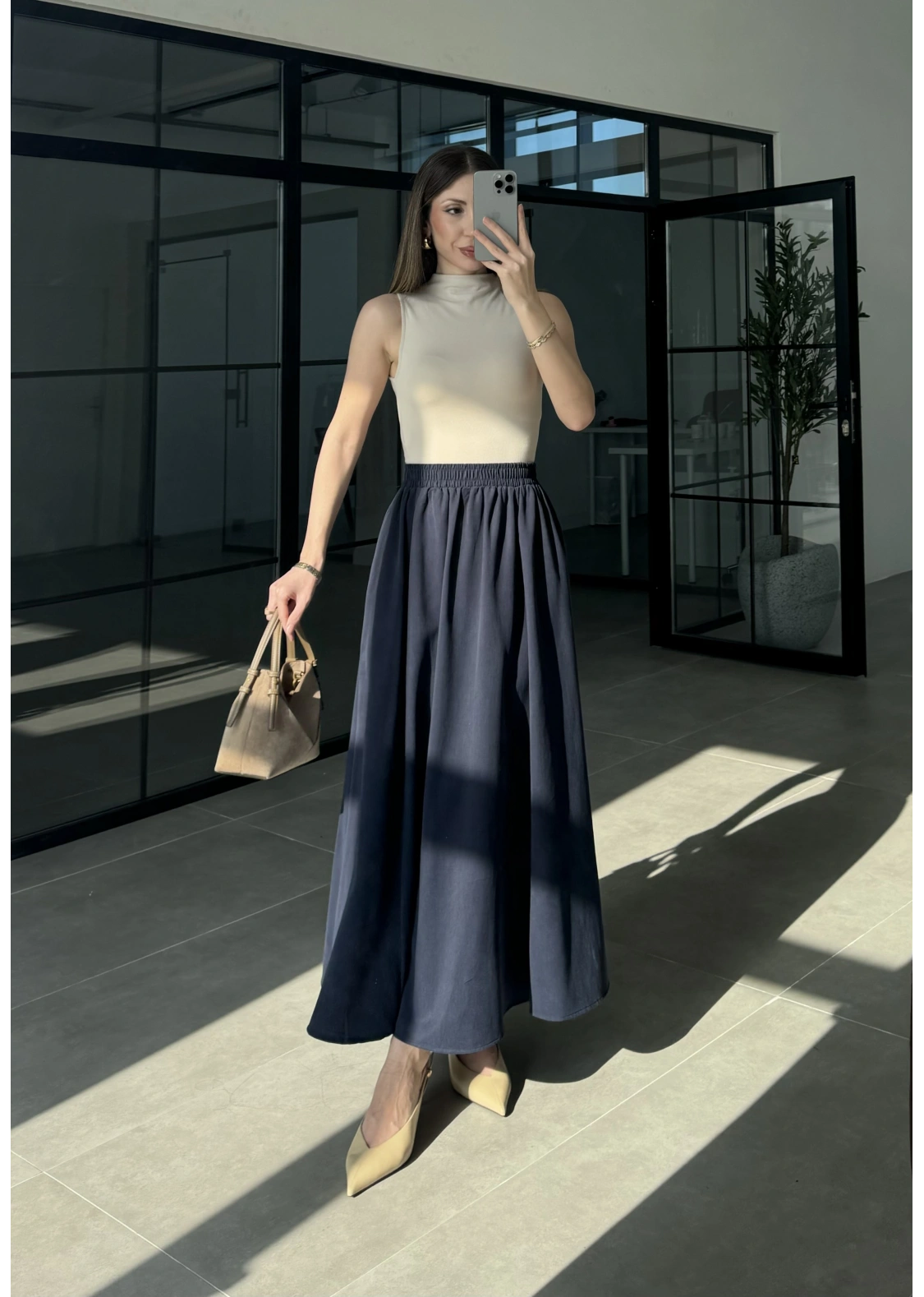 Tensel Beli Lastikli Lacivert Kilos Etek