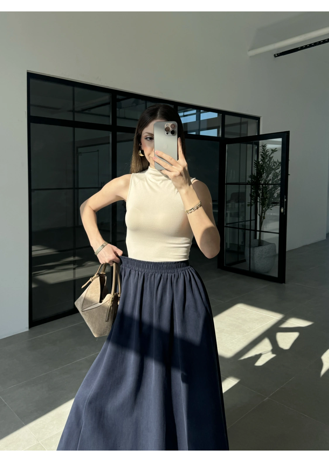 Tensel Beli Lastikli Lacivert Kilos Etek