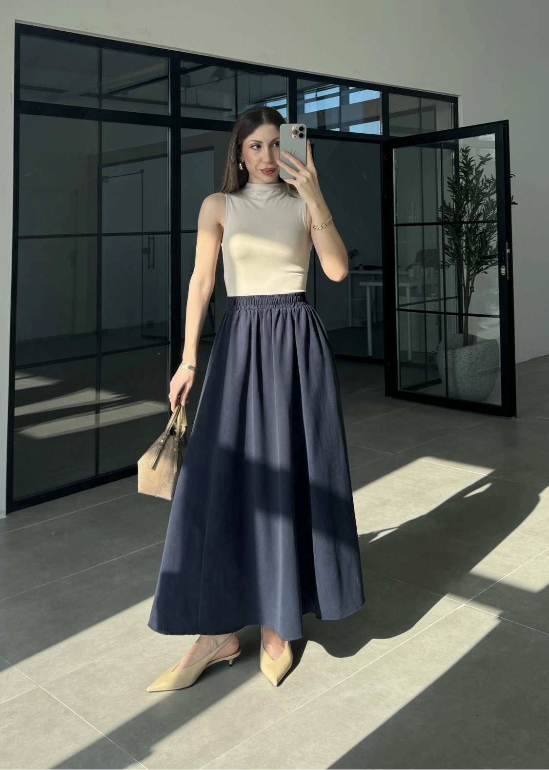 Tensel Beli Lastikli Lacivert Kilos Etek