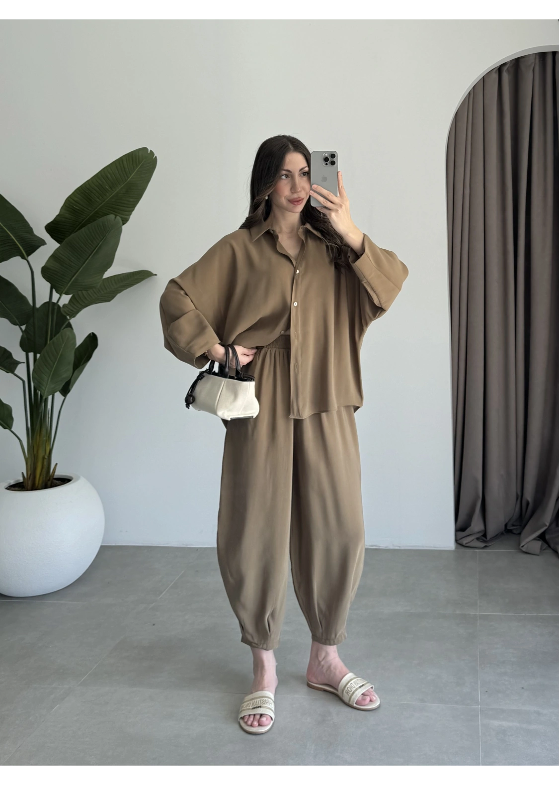 Tensel Oversize Haki Şalvar Takım