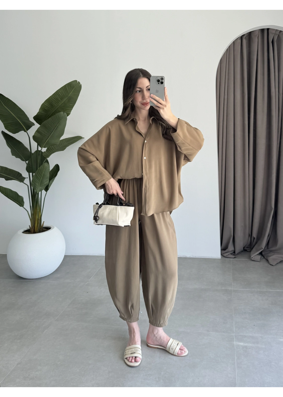 Tensel Oversize Haki Şalvar Takım