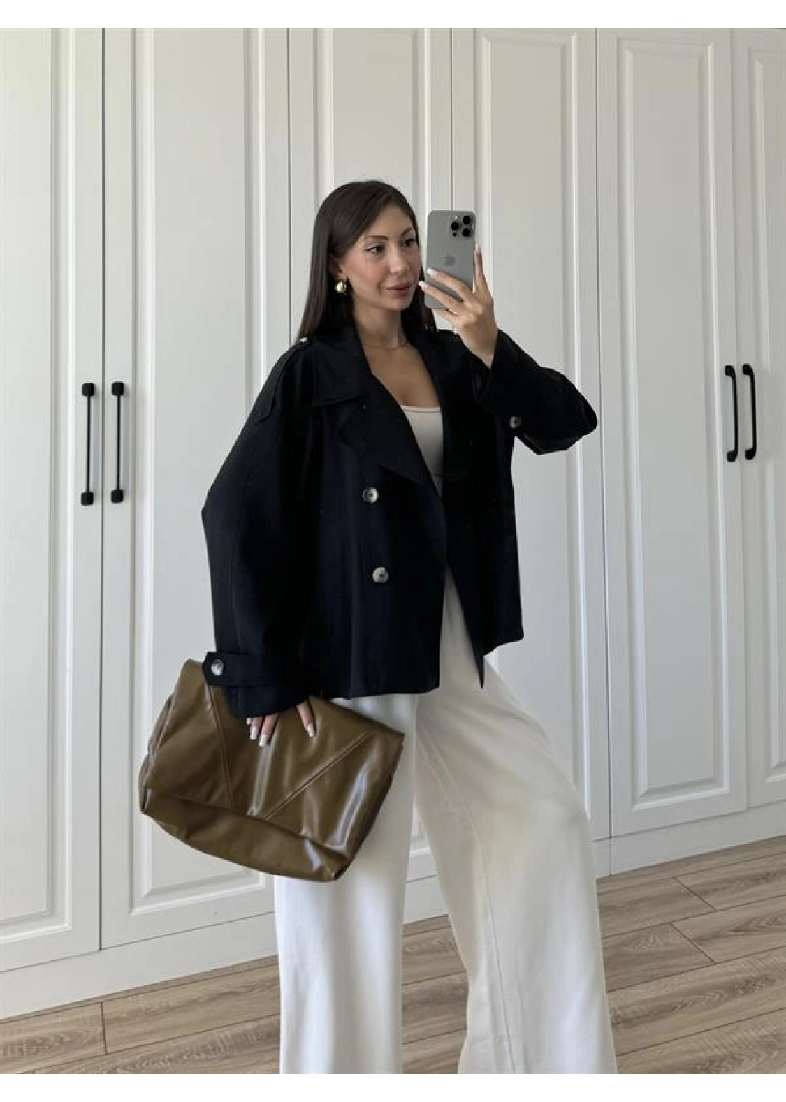 Tensel Oversize Siyah Kısa Trençkot