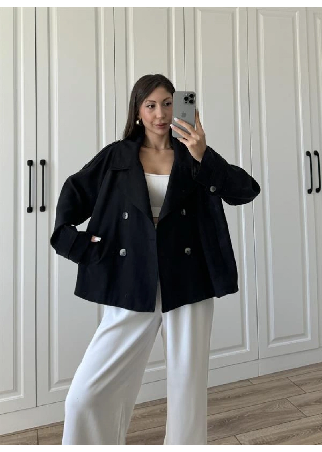 Tensel Oversize Siyah Kısa Trençkot