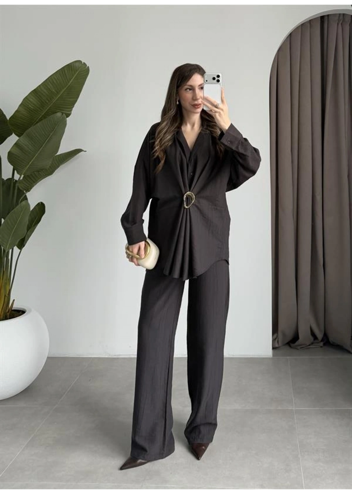 Tokalı İthal Kumaş Acı Kahve Gömlek Takım