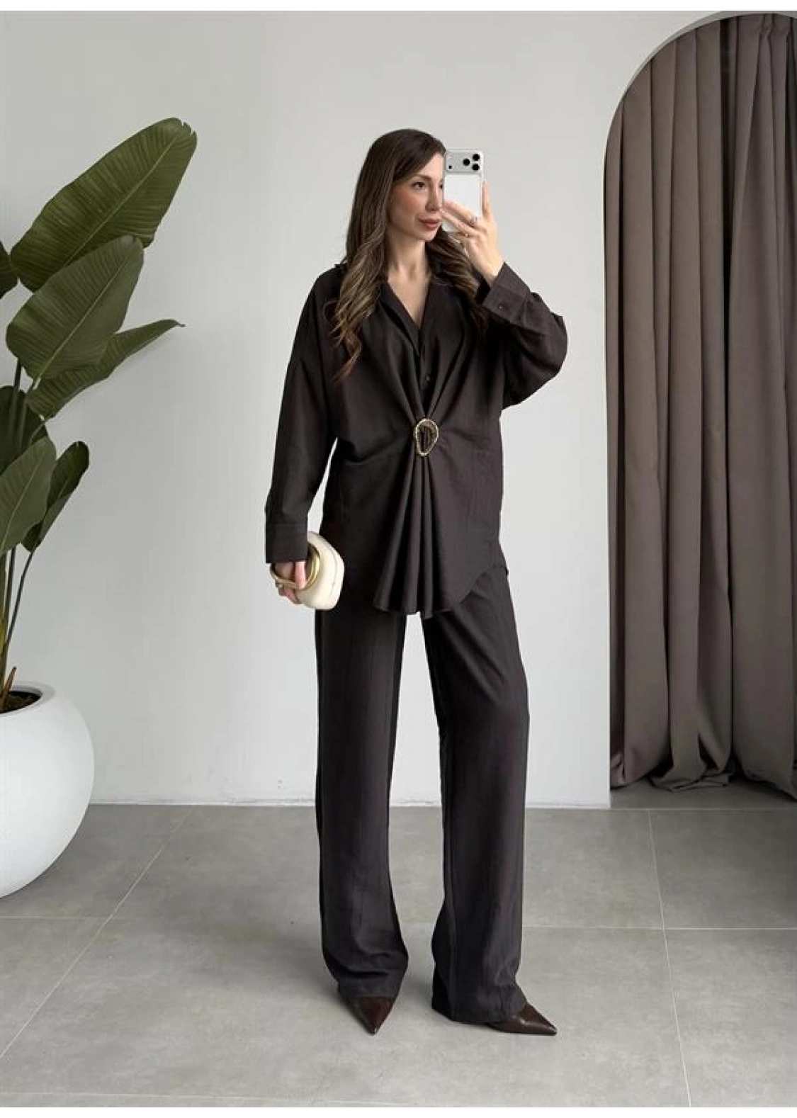 Tokalı İthal Kumaş Acı Kahve Gömlek Takım