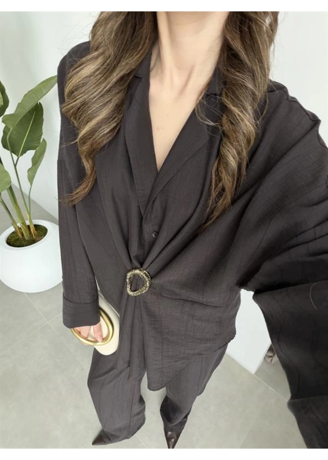 Tokalı İthal Kumaş Acı Kahve Gömlek Takım