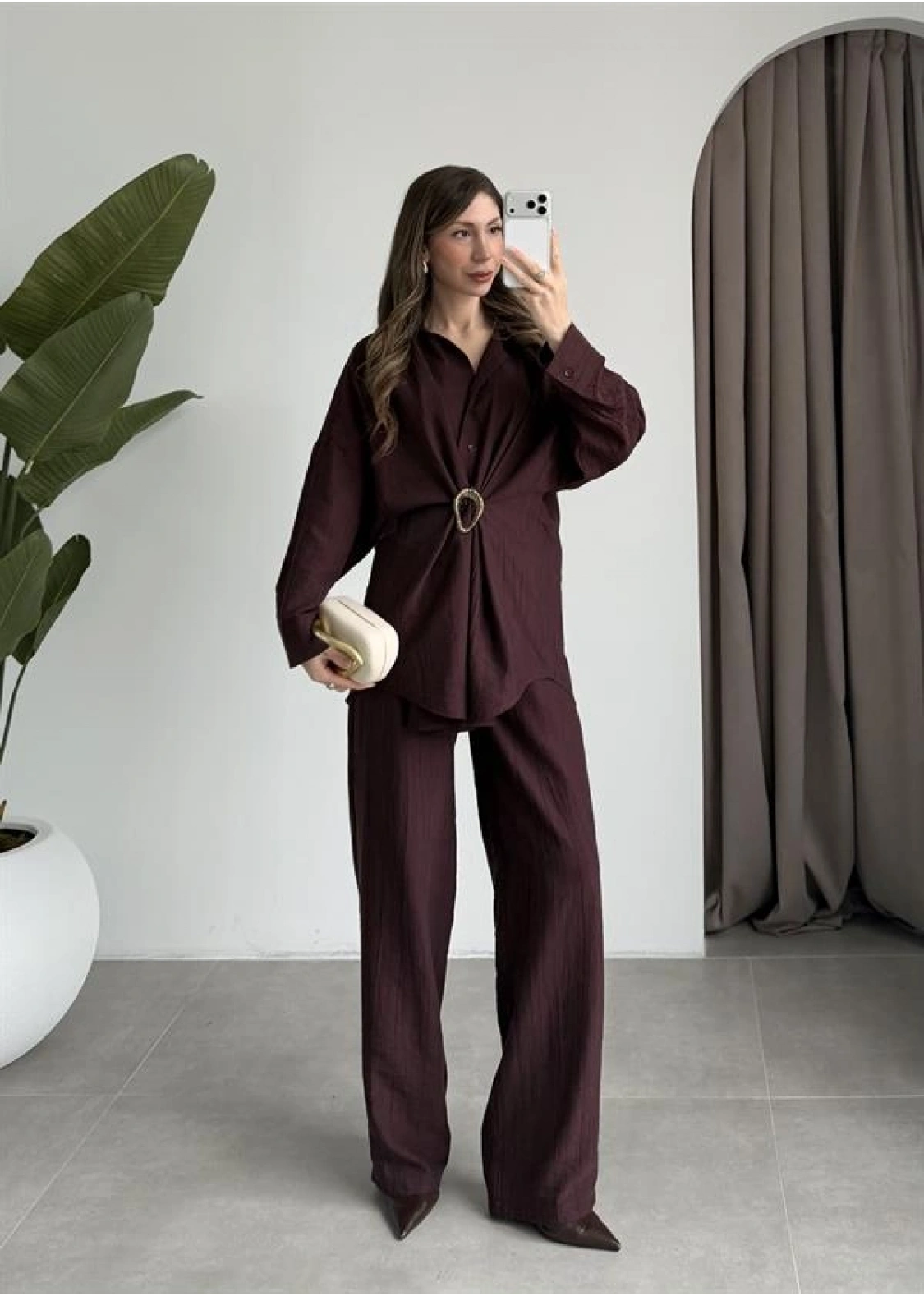 Tokalı İthal Kumaş Bordo Gömlek Takım