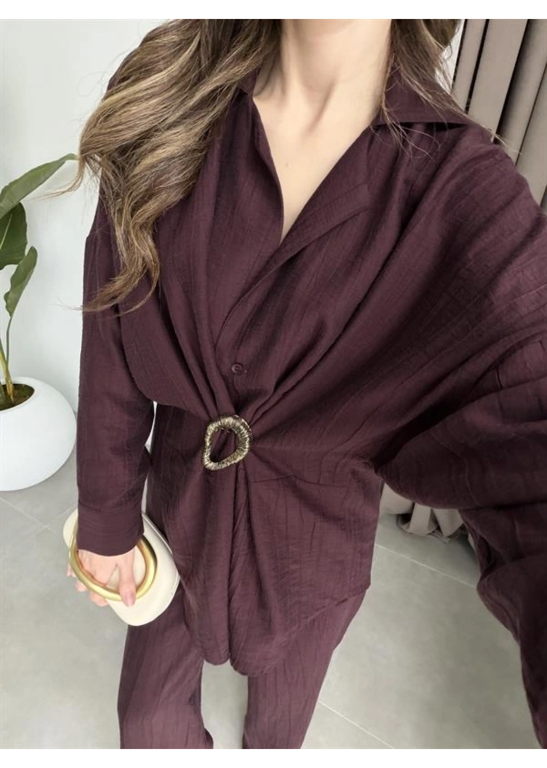 Tokalı İthal Kumaş Bordo Gömlek Takım