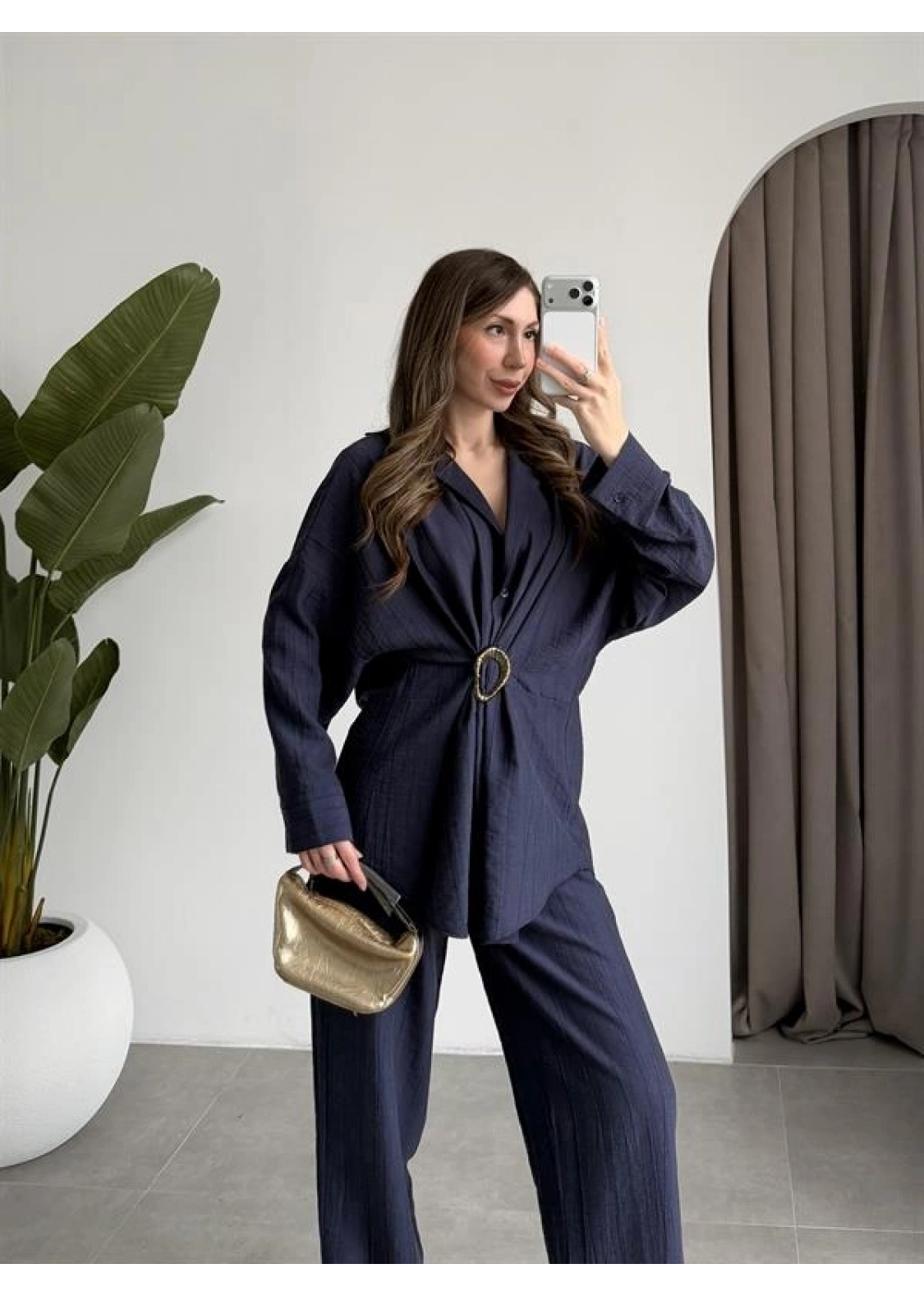 Tokalı İthal Kumaş Lacivert Gömlek Takım