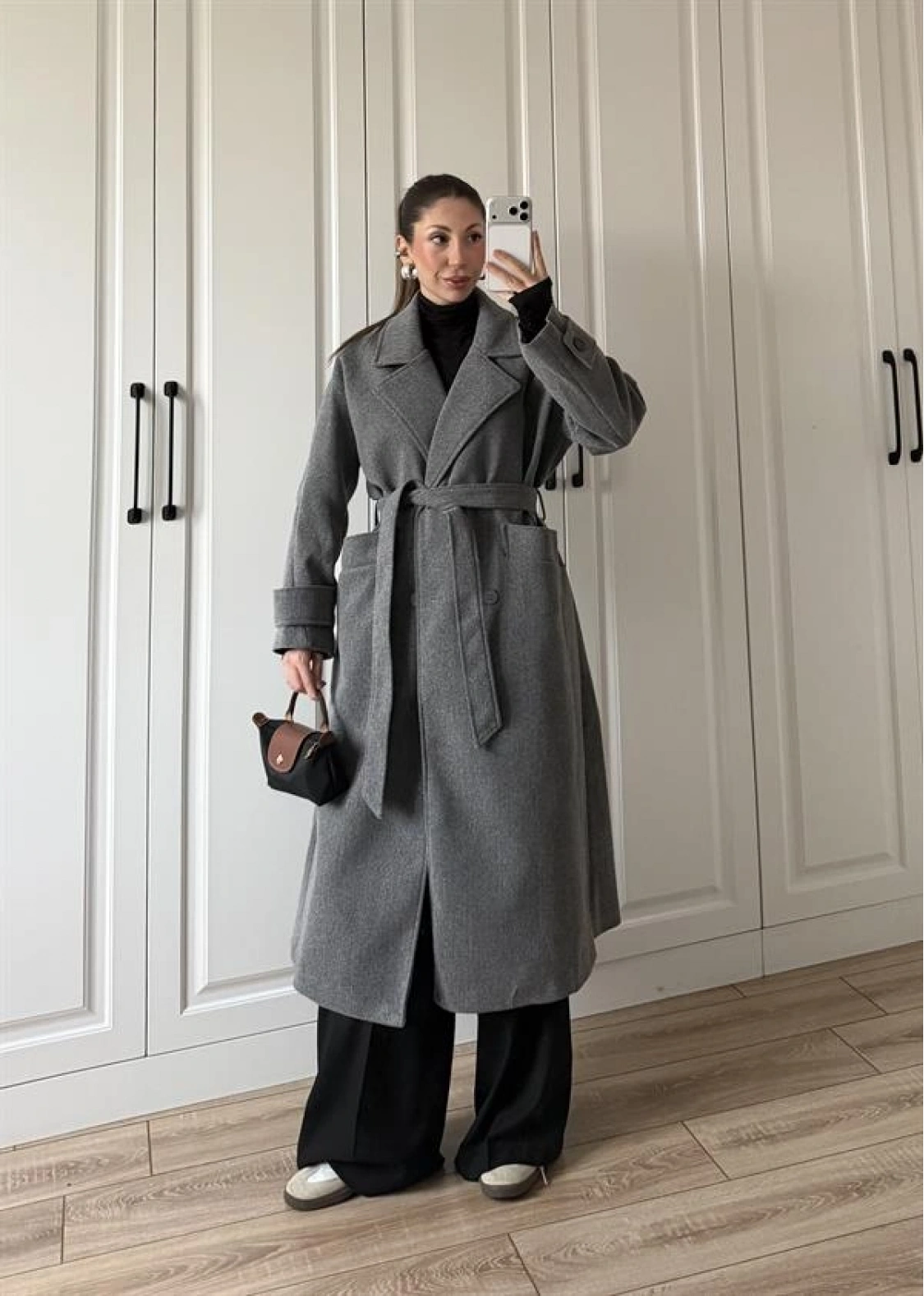 Tokyo Oversize Premium Kuşaklı Antrasit Yün Kaban