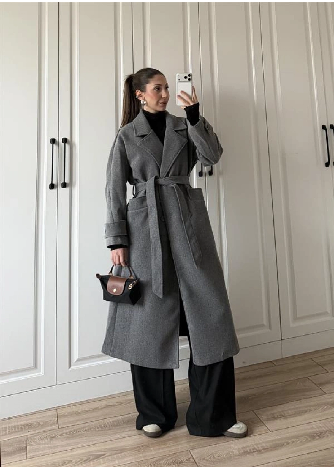 Tokyo Oversize Premium Kuşaklı Antrasit Yün Kaban