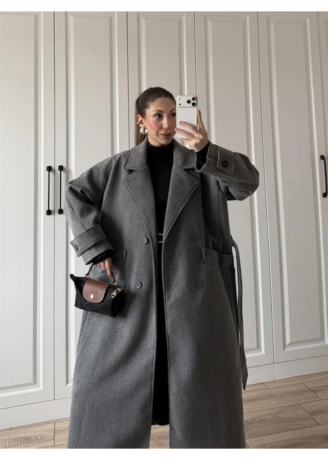 Tokyo Oversize Premium Kuşaklı Antrasit Yün Kaban