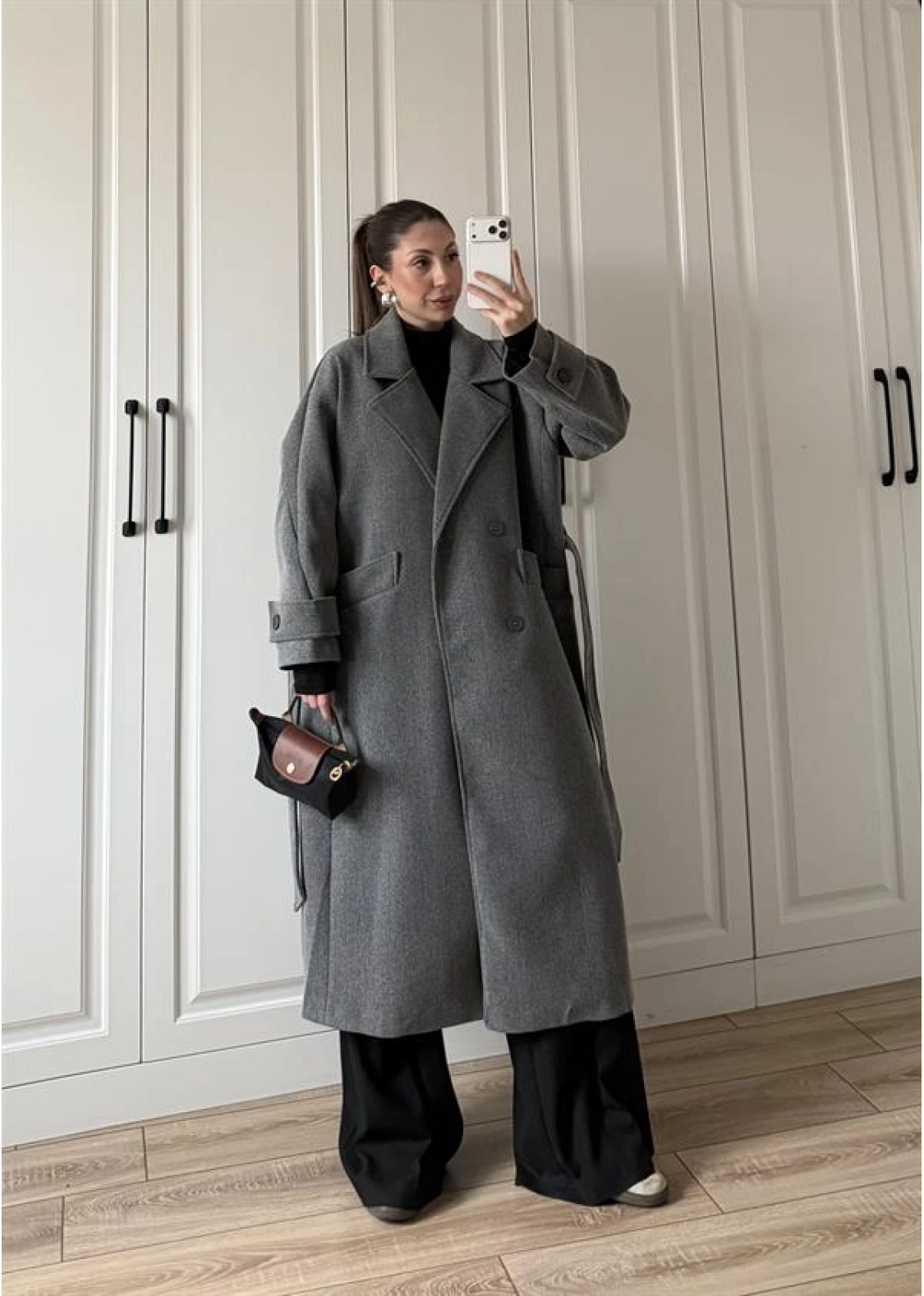 Tokyo Oversize Premium Kuşaklı Antrasit Yün Kaban