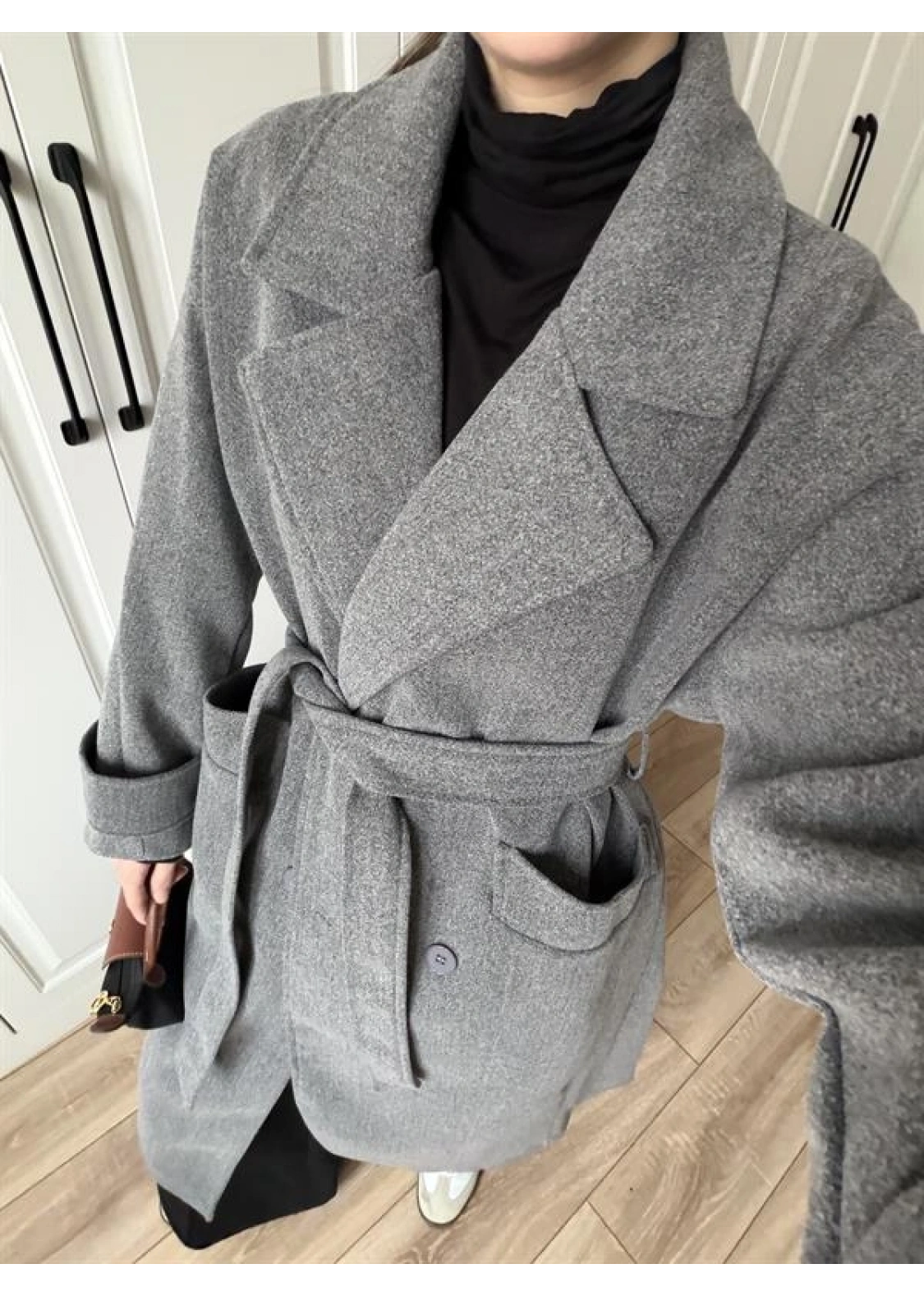 Tokyo Oversize Premium Kuşaklı Antrasit Yün Kaban