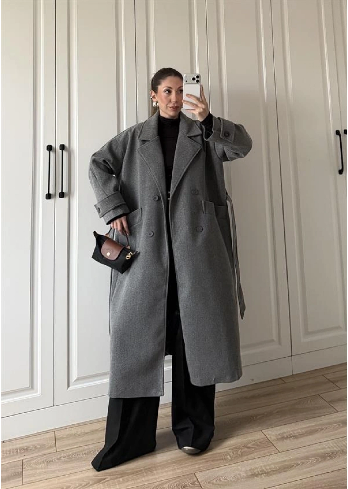 Tokyo Oversize Premium Kuşaklı Antrasit Yün Kaban