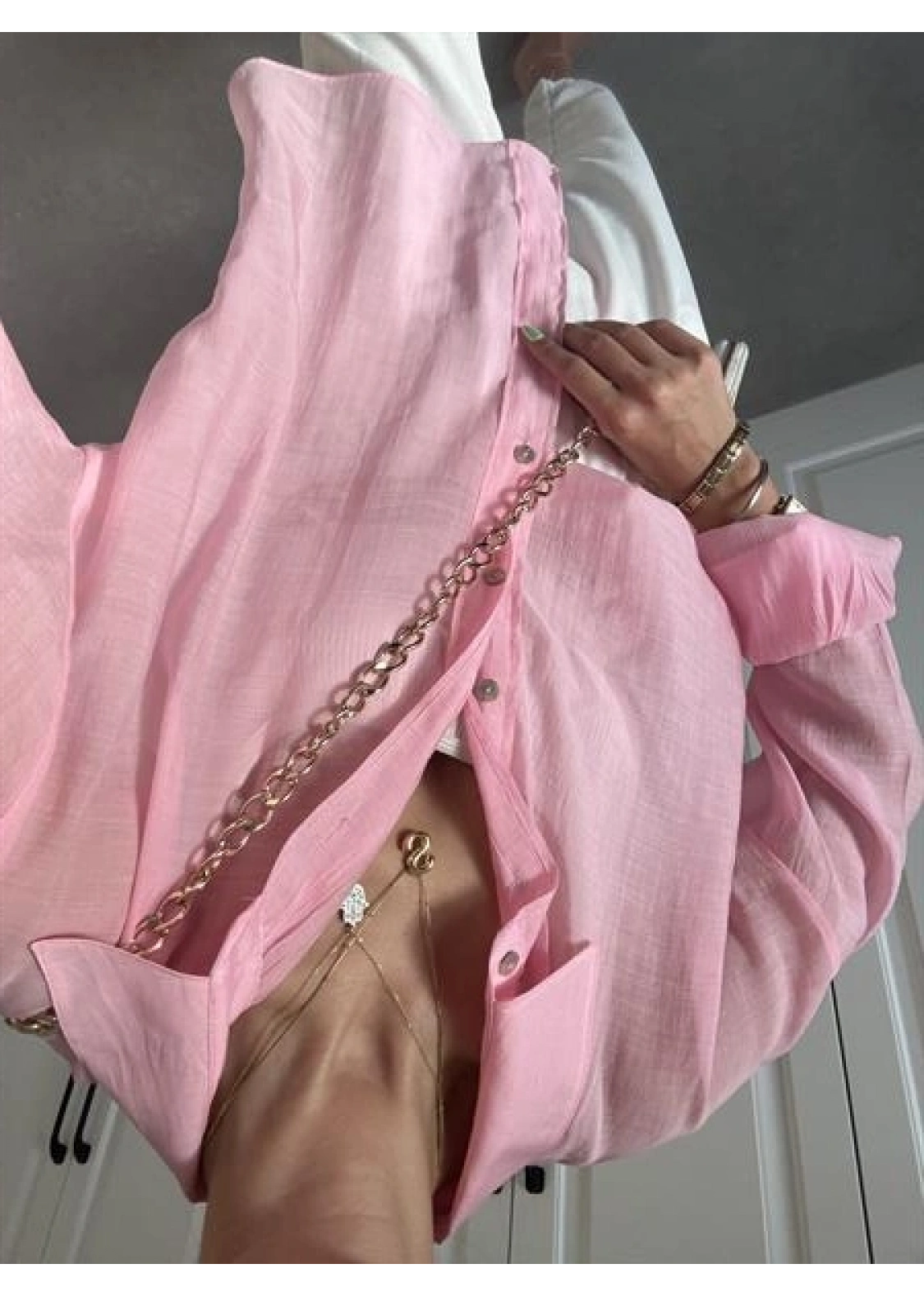 Transparan Pembe Oversize Gömlek