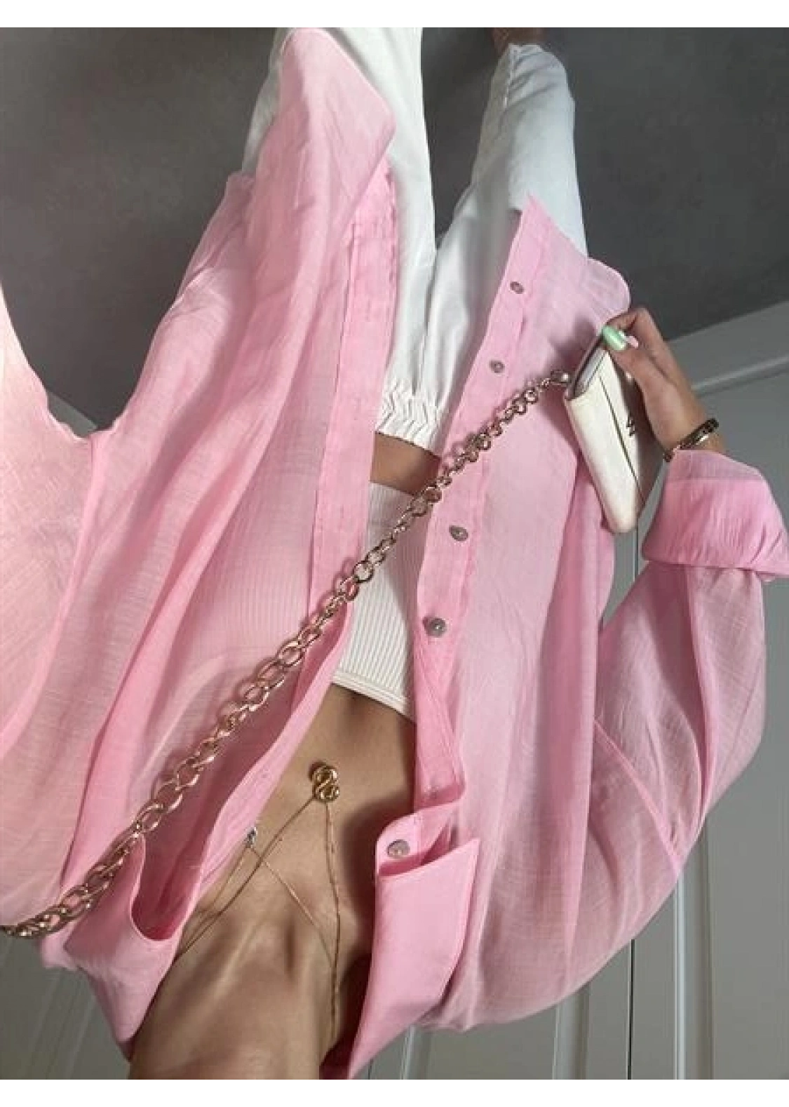 Transparan Pembe Oversize Gömlek
