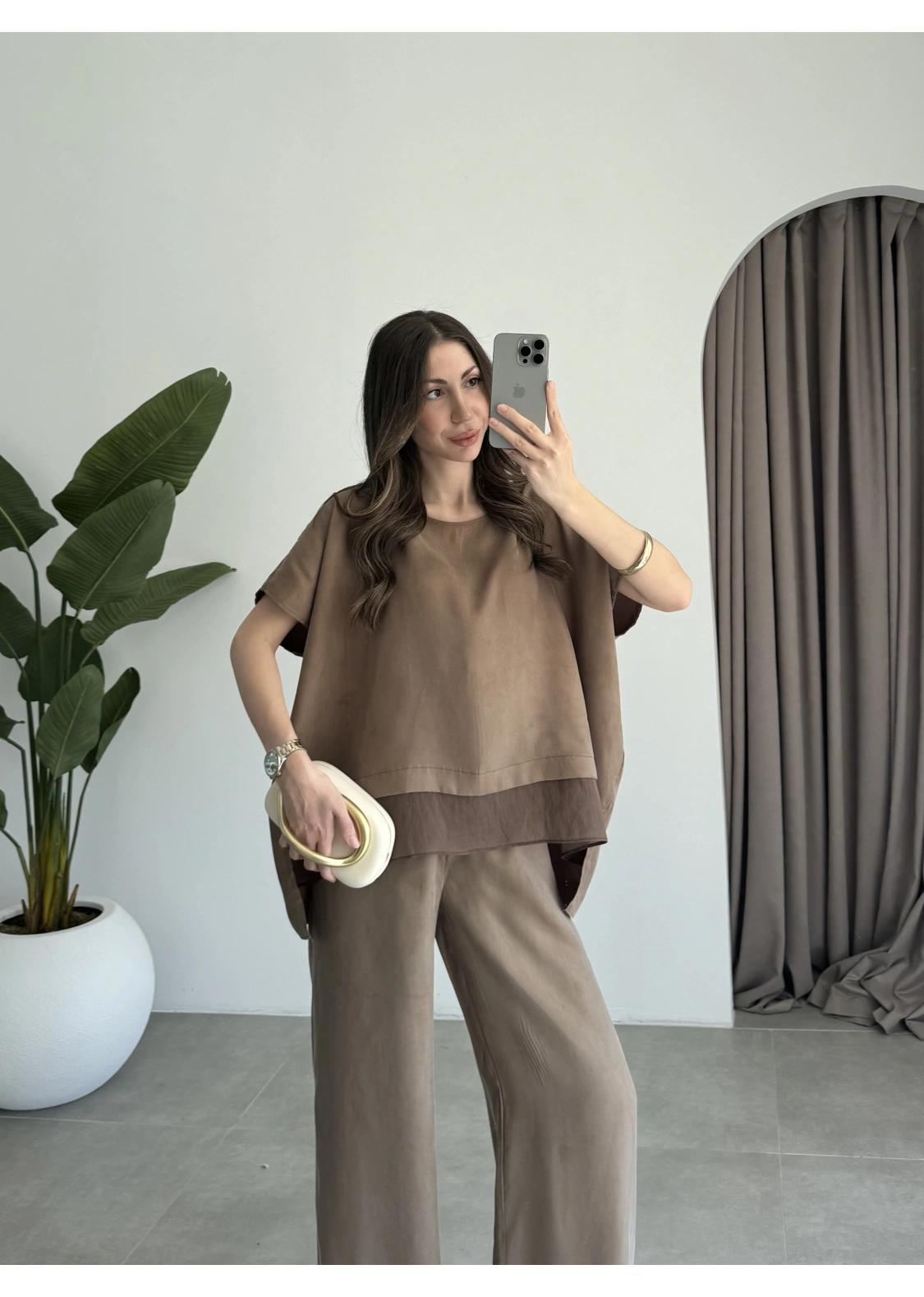 Tül Detaylı Bronz Bluz Takım