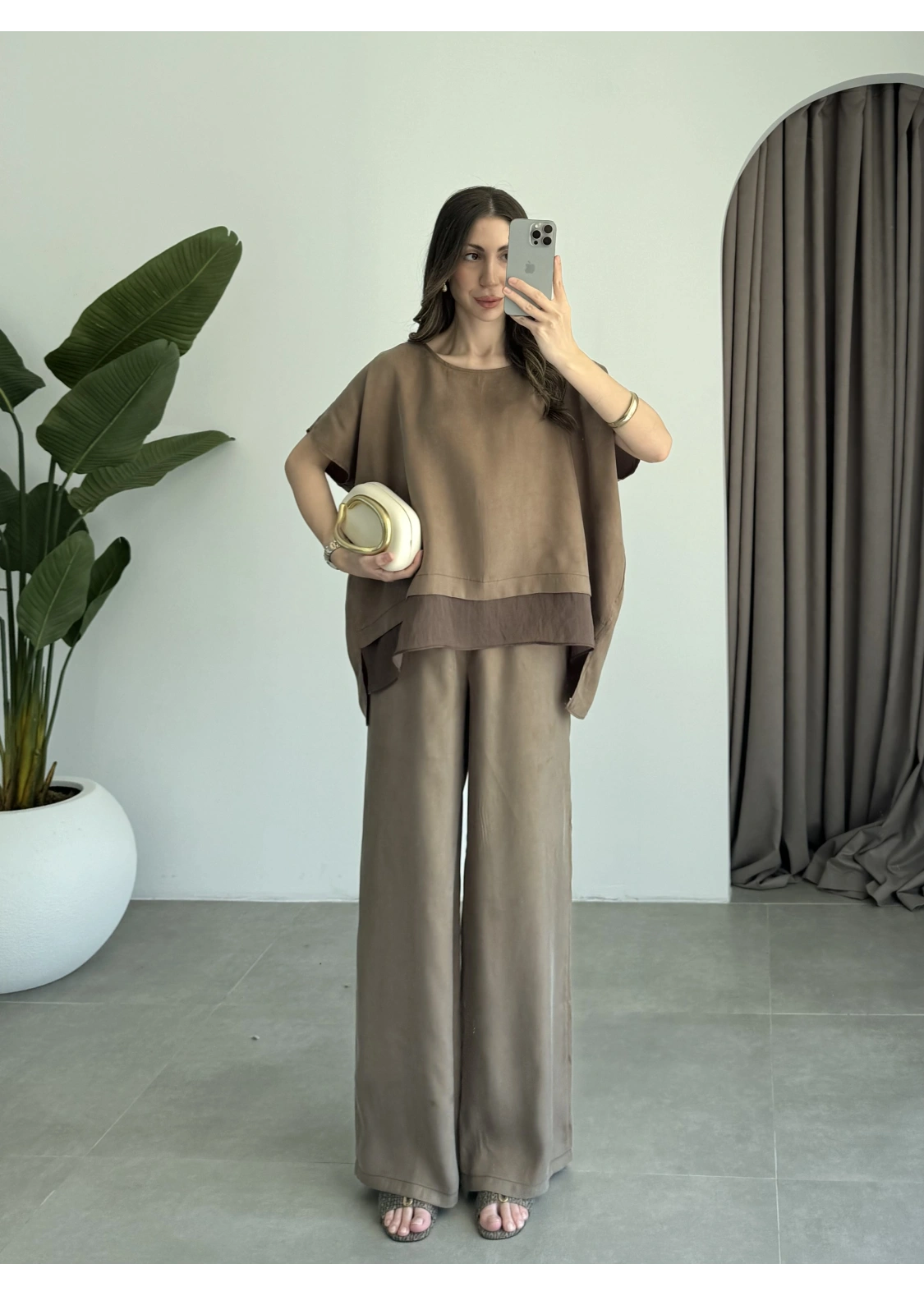 Tül Detaylı Bronz Bluz Takım