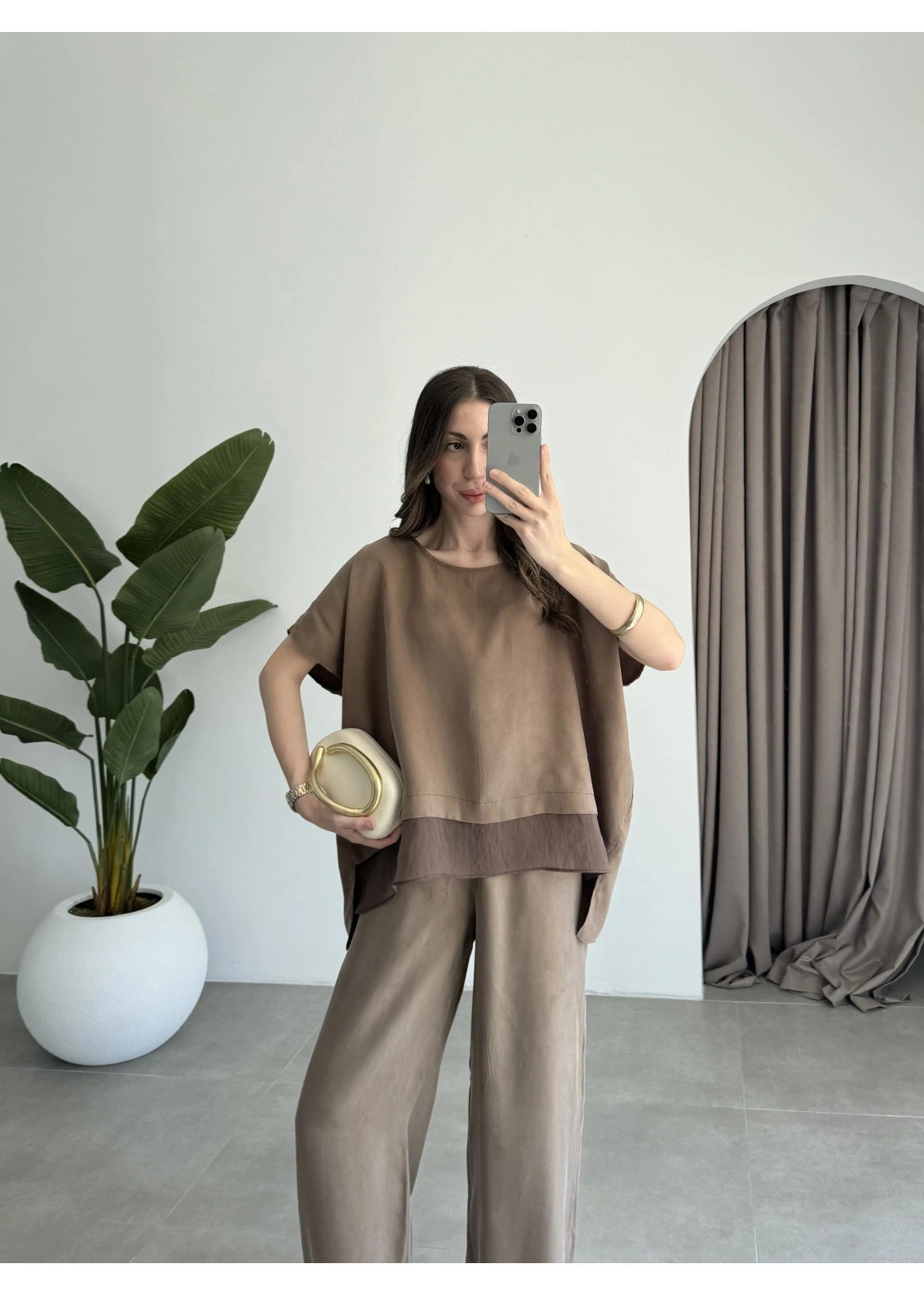 Tül Detaylı Bronz Bluz Takım