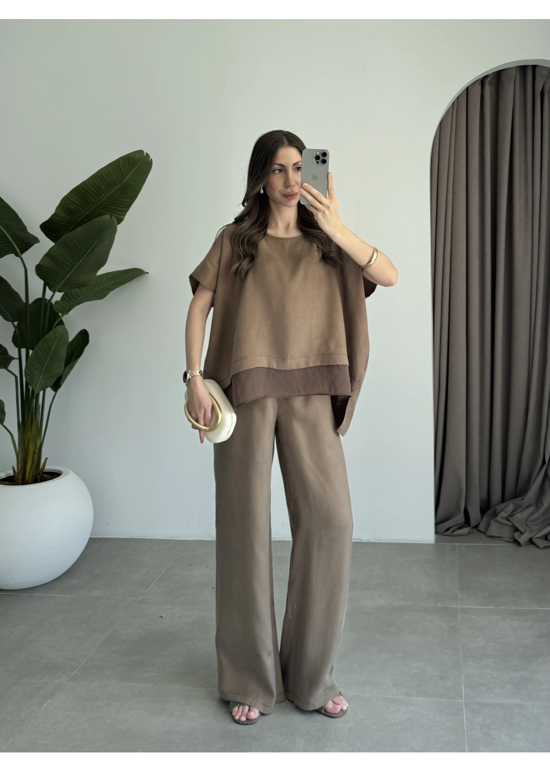 Tül Detaylı Bronz Bluz Takım