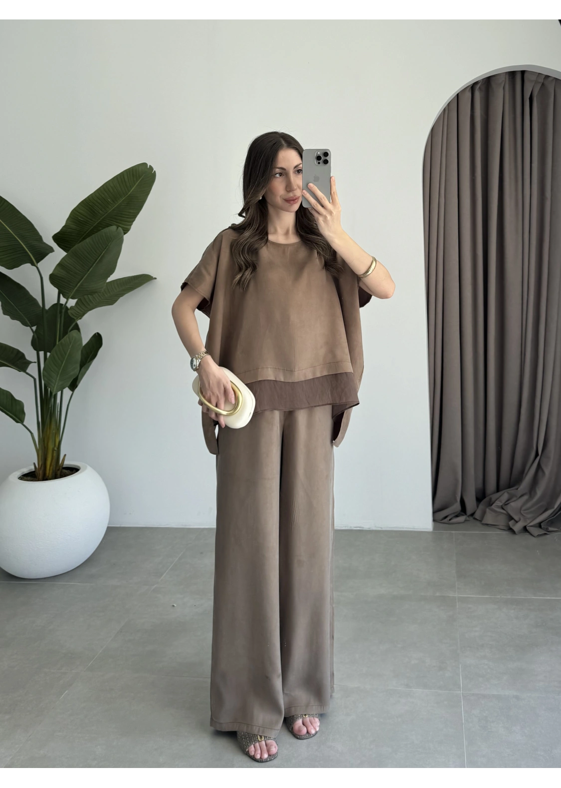 Tül Detaylı Bronz Bluz Takım