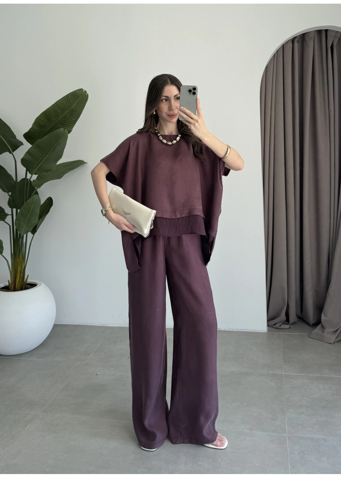 Tül Detaylı Mürdüm Bluz Takım