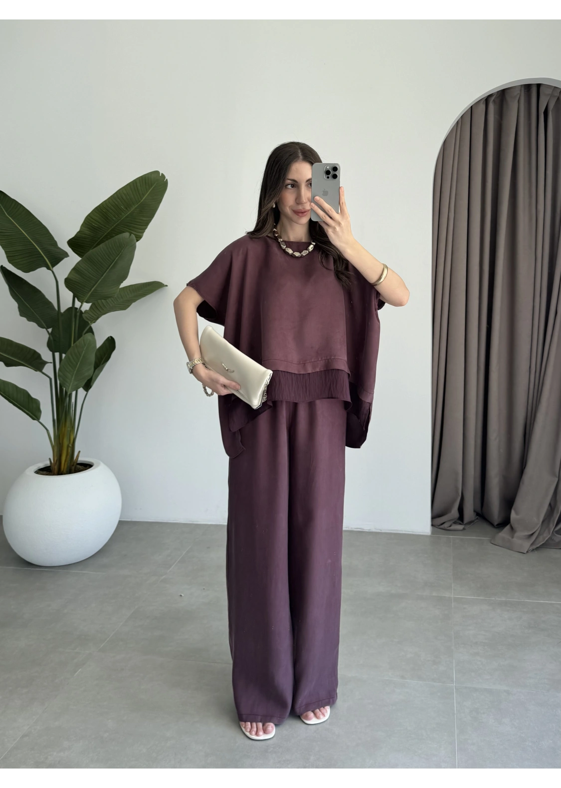 Tül Detaylı Mürdüm Bluz Takım